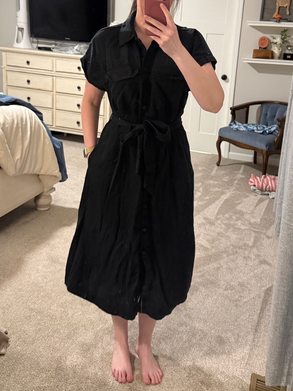 a new day Black Button-Front Midi Shirt Dress with Tie Waist